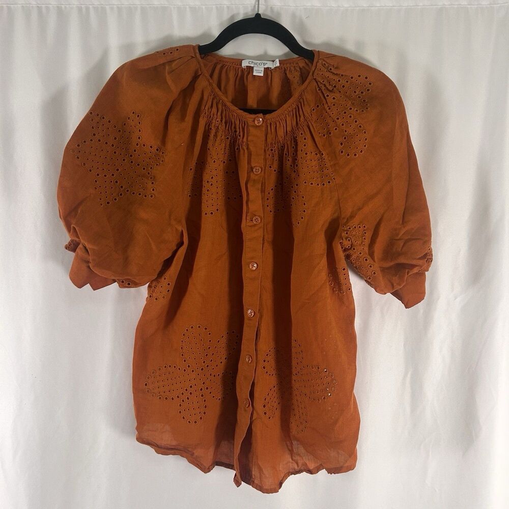 Chico's Ramie Blend Blouse Women's 0.5 6 Orange Balloon Short Sleeve Button Up